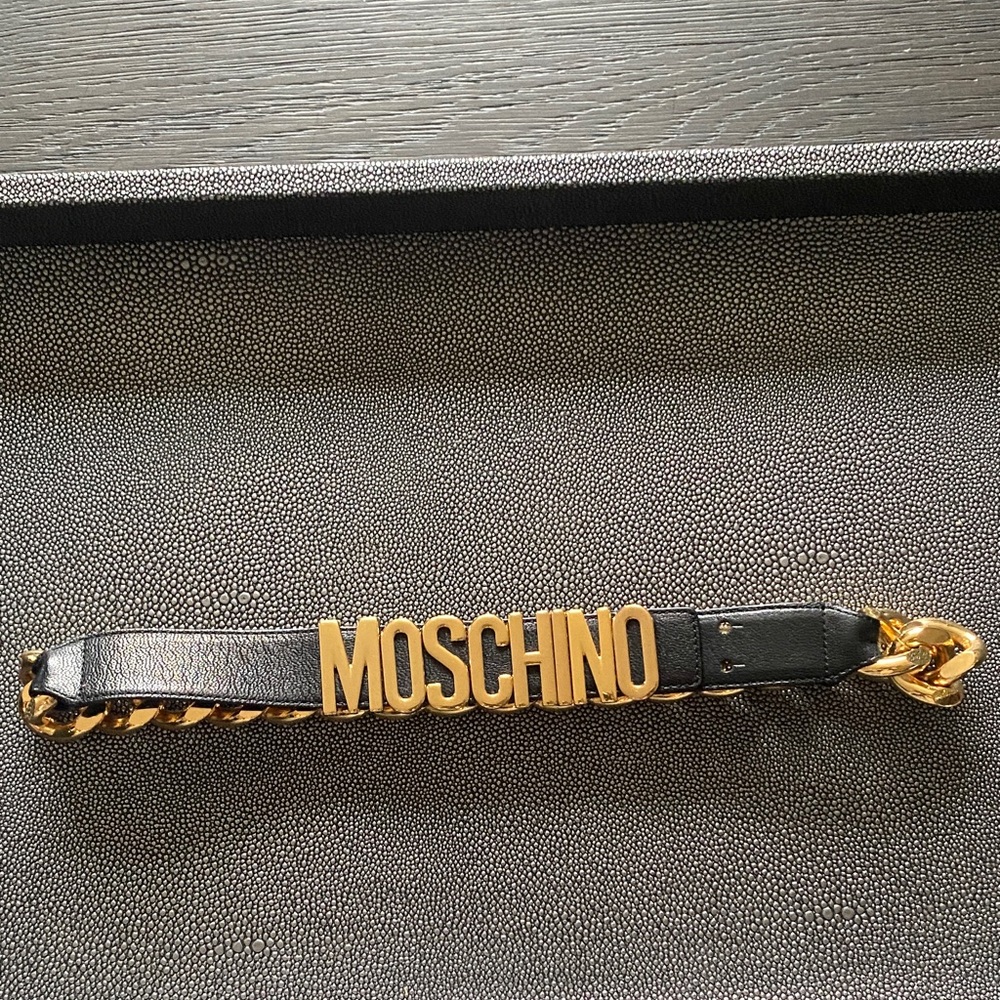 Moschino Black Leather Belt Strap with Gold Logo Chain